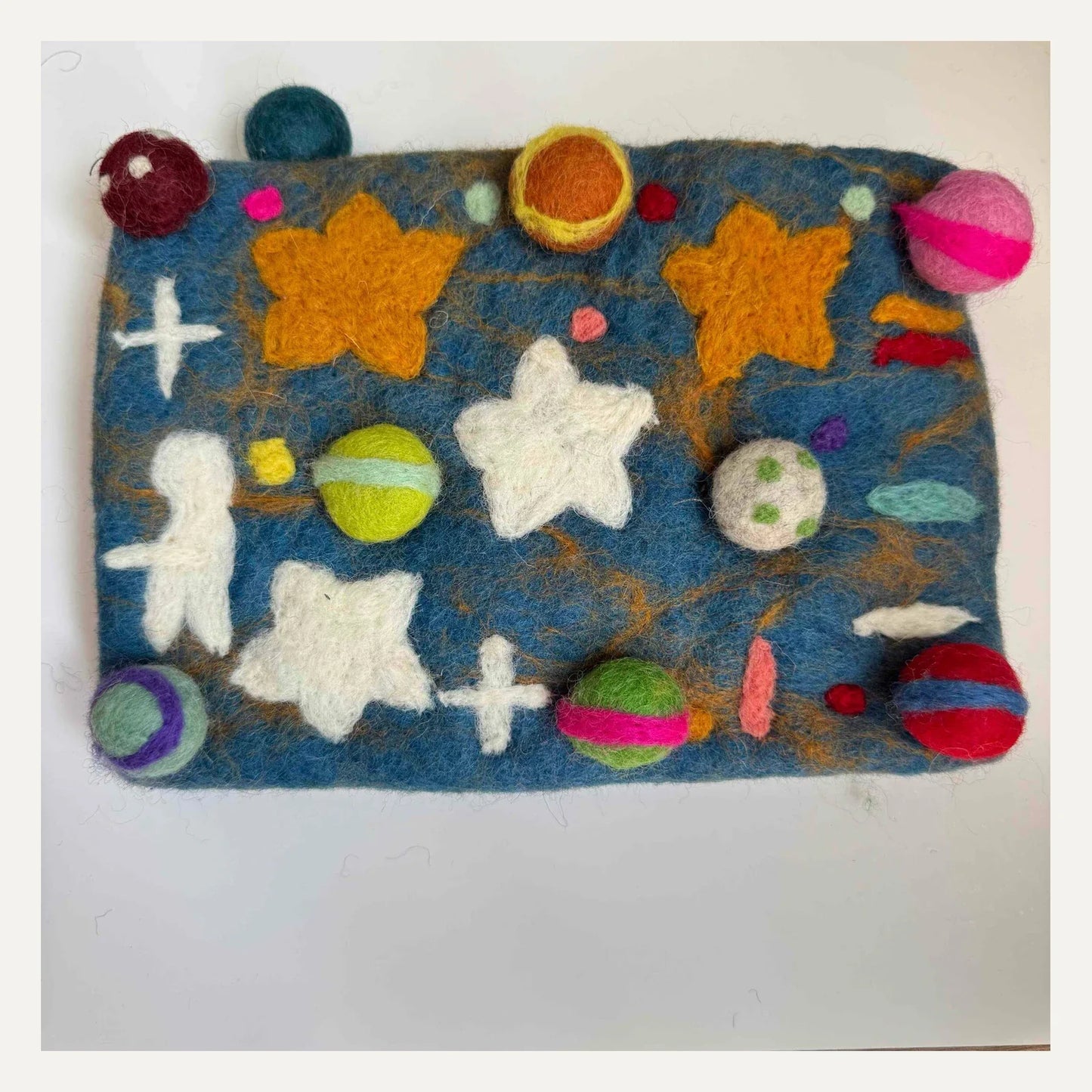 Deep blue handmade wool felt planet crossbody bag