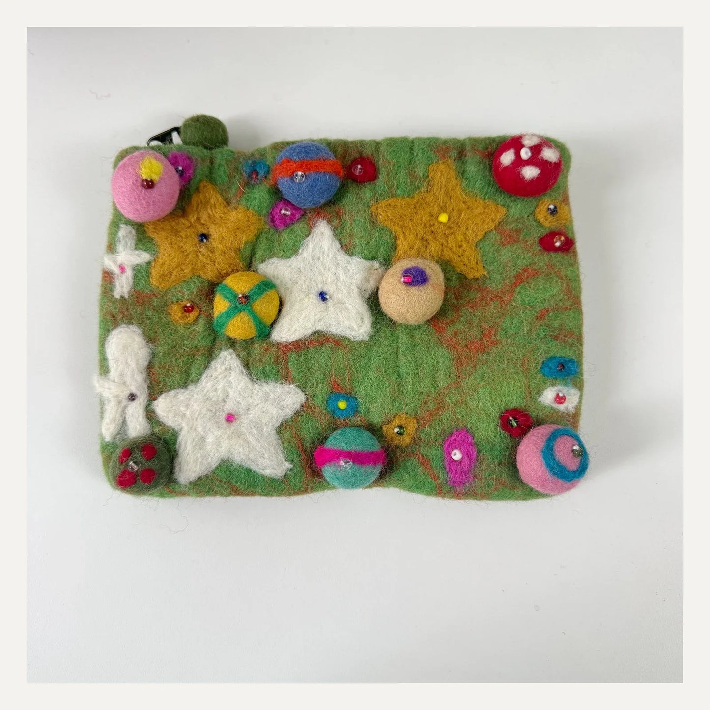 Meadow green handmade wool felt planet crossbody bag with star appliques