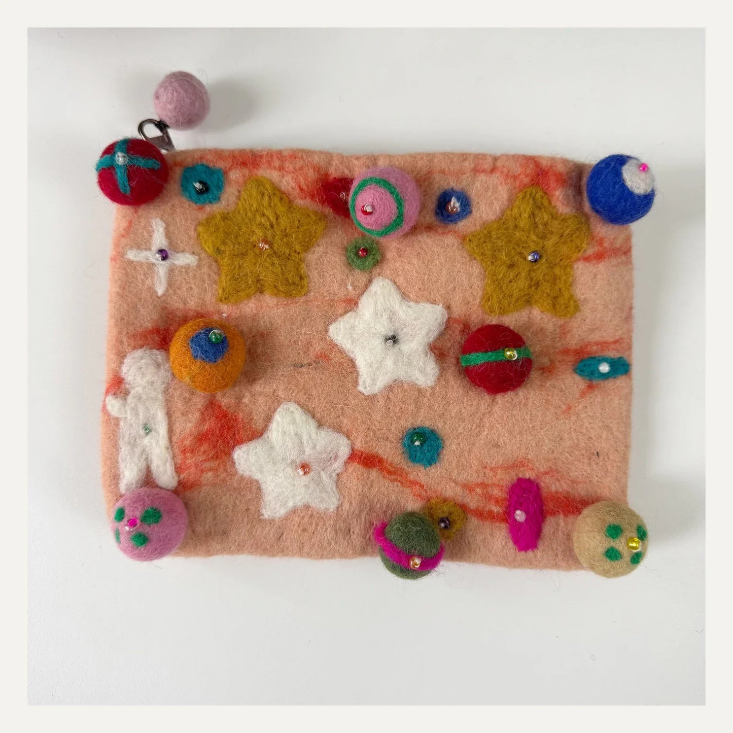 Peach pink handmade wool felt planet crossbody bag