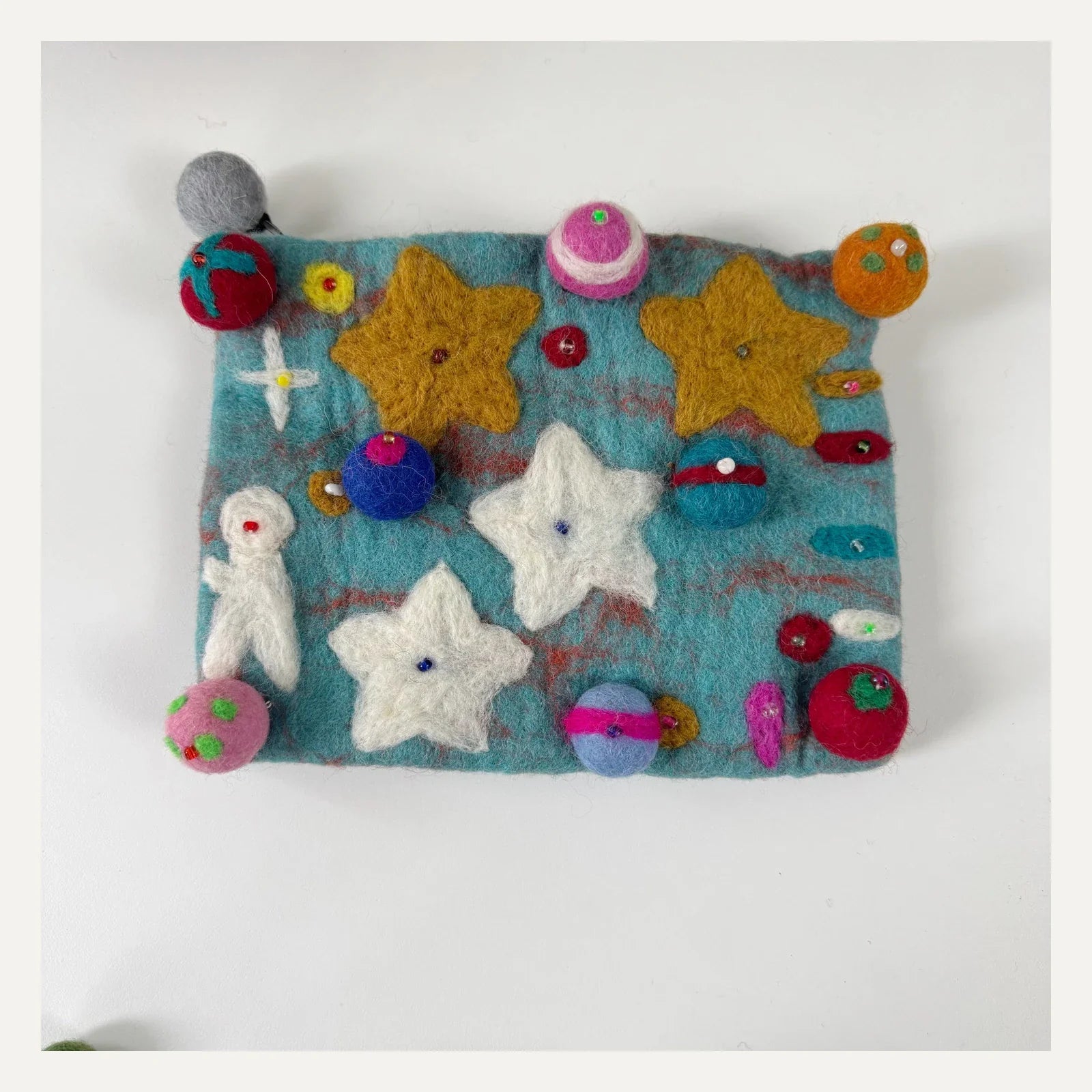 Teal blue handmade wool felt planet crossbody bag
