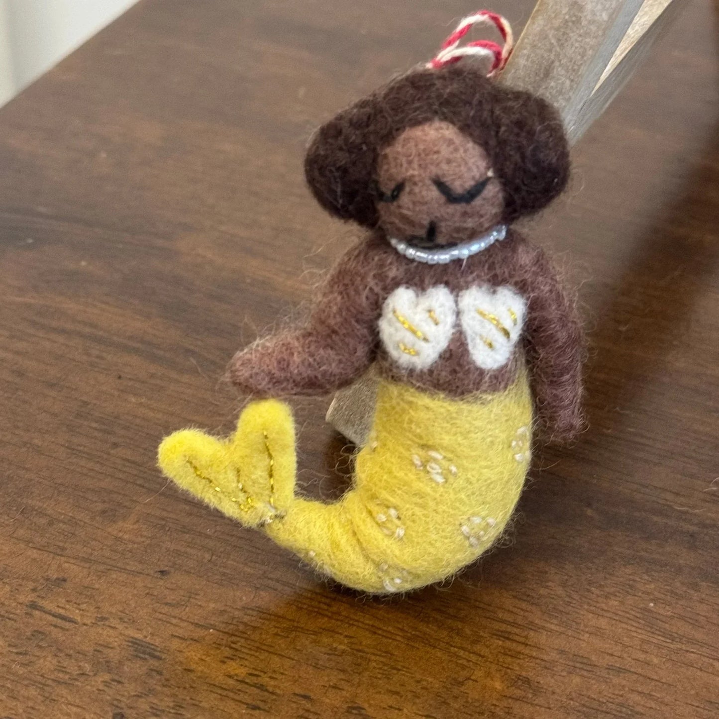 Yellow mini wool felt mermaid keyring charm