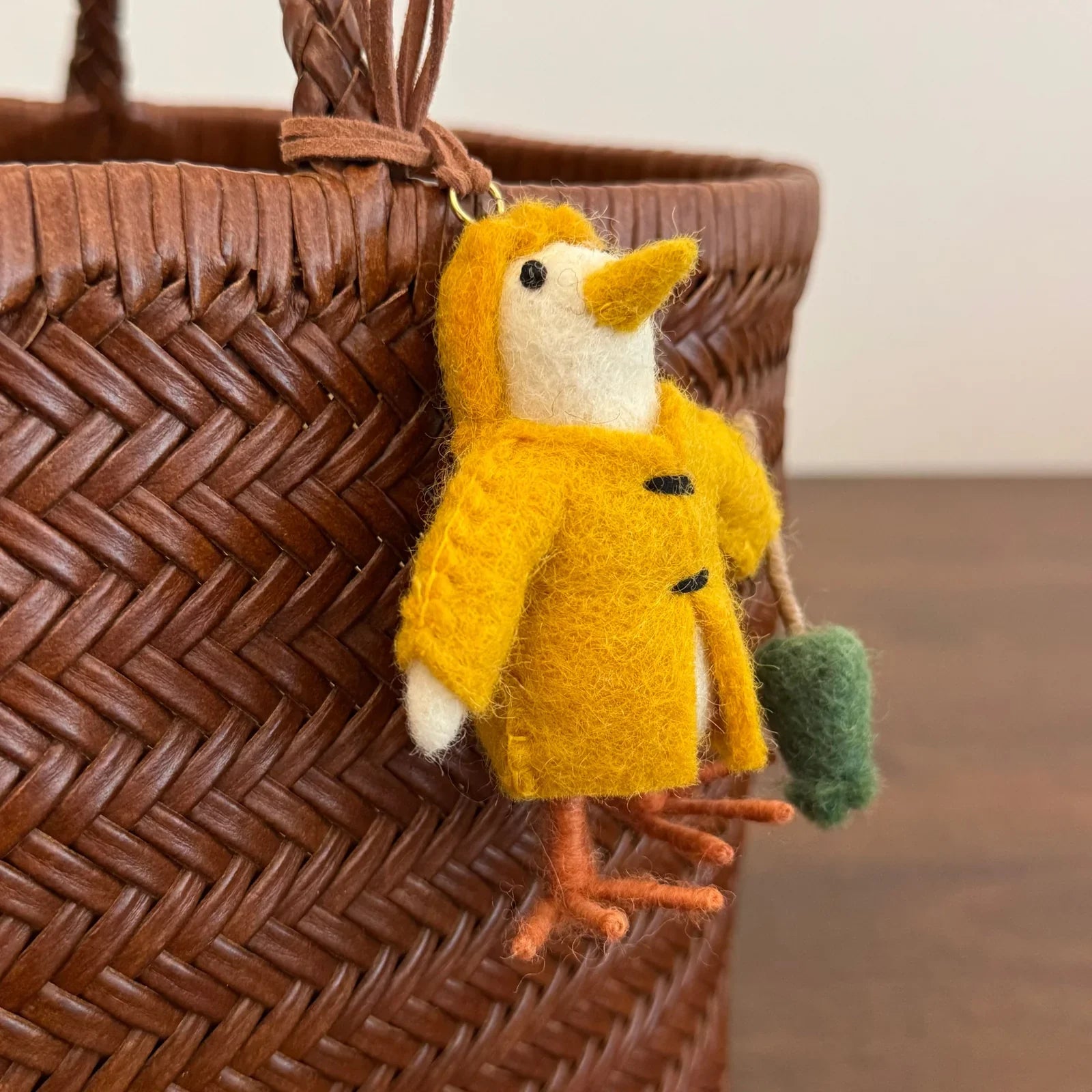 Yellow wool felt chick bag charm with coat and cord loop